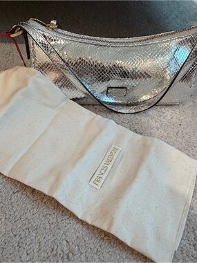 Frances Valentine Metallic Silver Snake-Embossed Shoulder Clutch